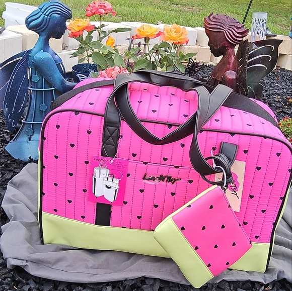 Betsey Johnson Pink and Green Travel Bags with Polka Dots - Picture 1 of 5